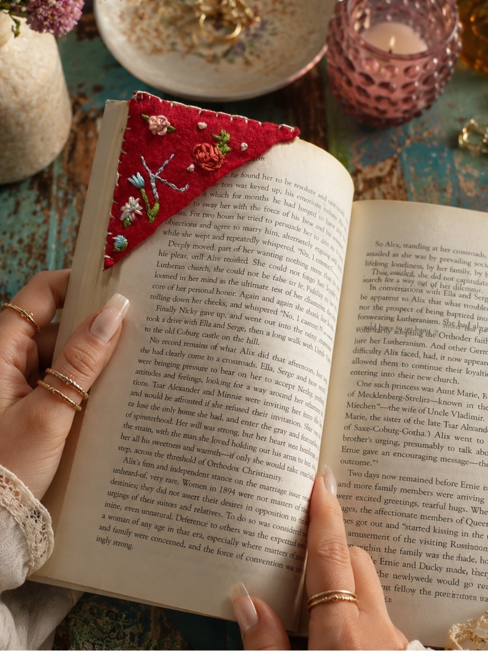 Handmade Upcycled Embroidered Floral Felt Corner Bookmark | Book Lover Gift